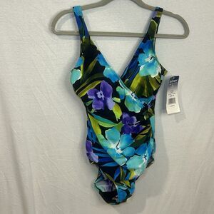 Slimshaper Size 10 One Piece Swimsuit Black Purple Turquoise Floral Ruching Wrap